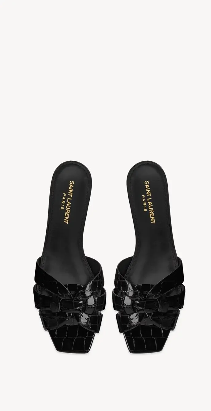 Saint Laurent Tribute Croc Embossed Leather Flat Mules Black EU 38 Italy